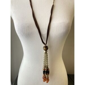 Chico's Long Brown Tassel Necklace Earthy Neutrals Bead Gold Tone Pendant Boho